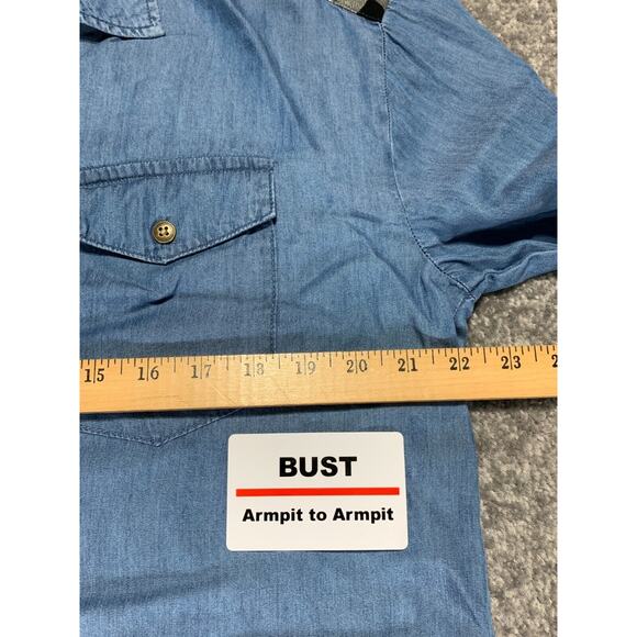 CATO Button Up Top Women Size M Blue Chambray Mix Media Pockets Check Soft - Picture 10 of 11